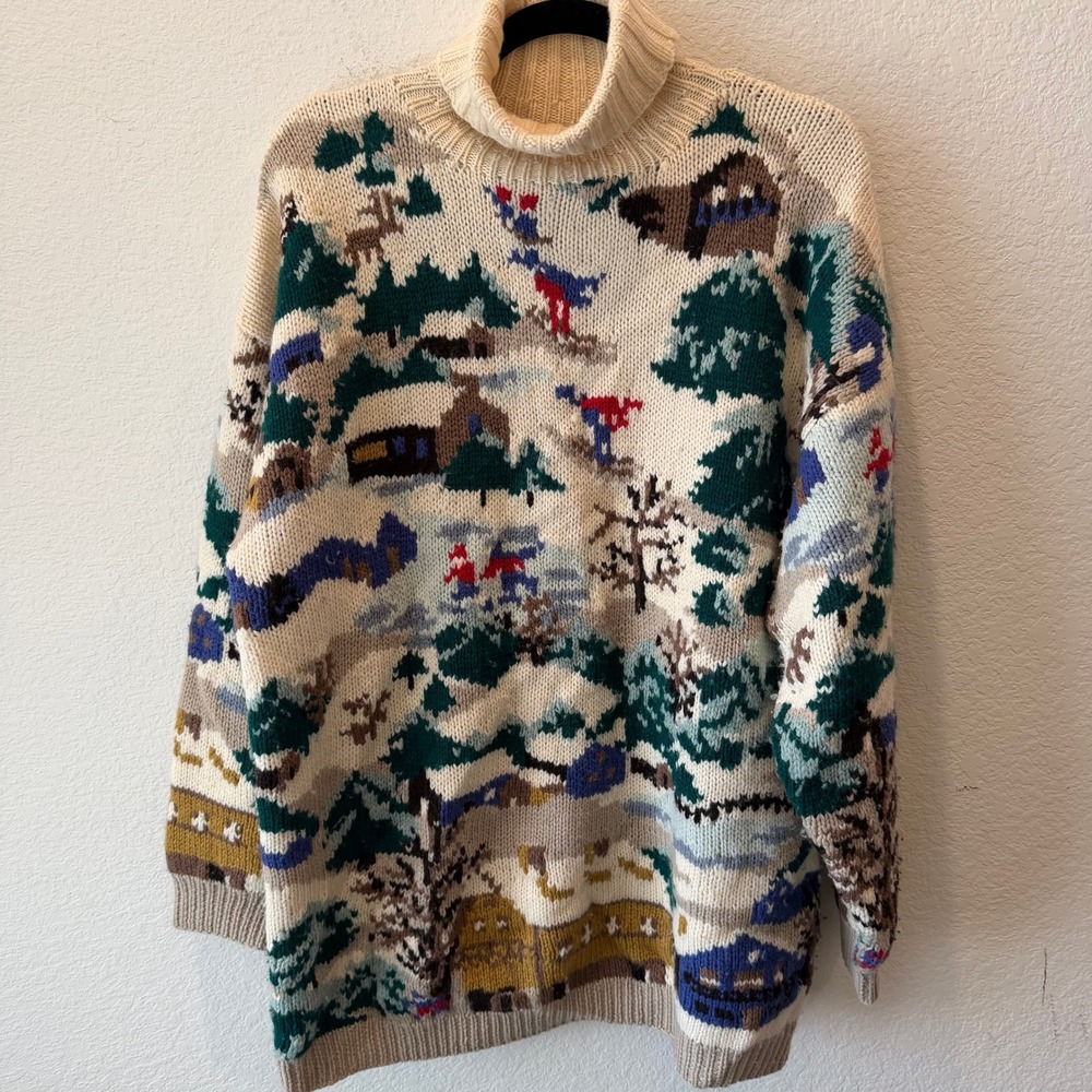 Vintage Classiques Entier Merino Wool Turtleneck Sweater Winter Scene Skier XL